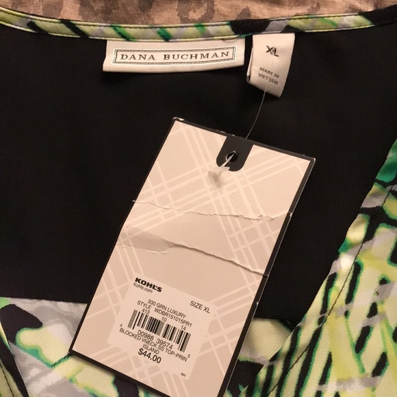 Dana Buchman  X-Large green & black print silky oversized V-Neck top NWT - Picture 8 of 15